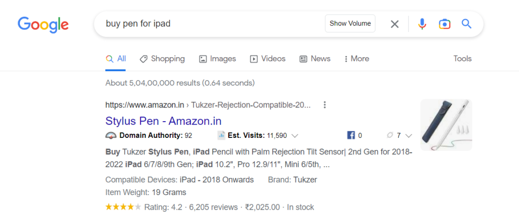 screenshot of Google Search for "buy pen for ipad"